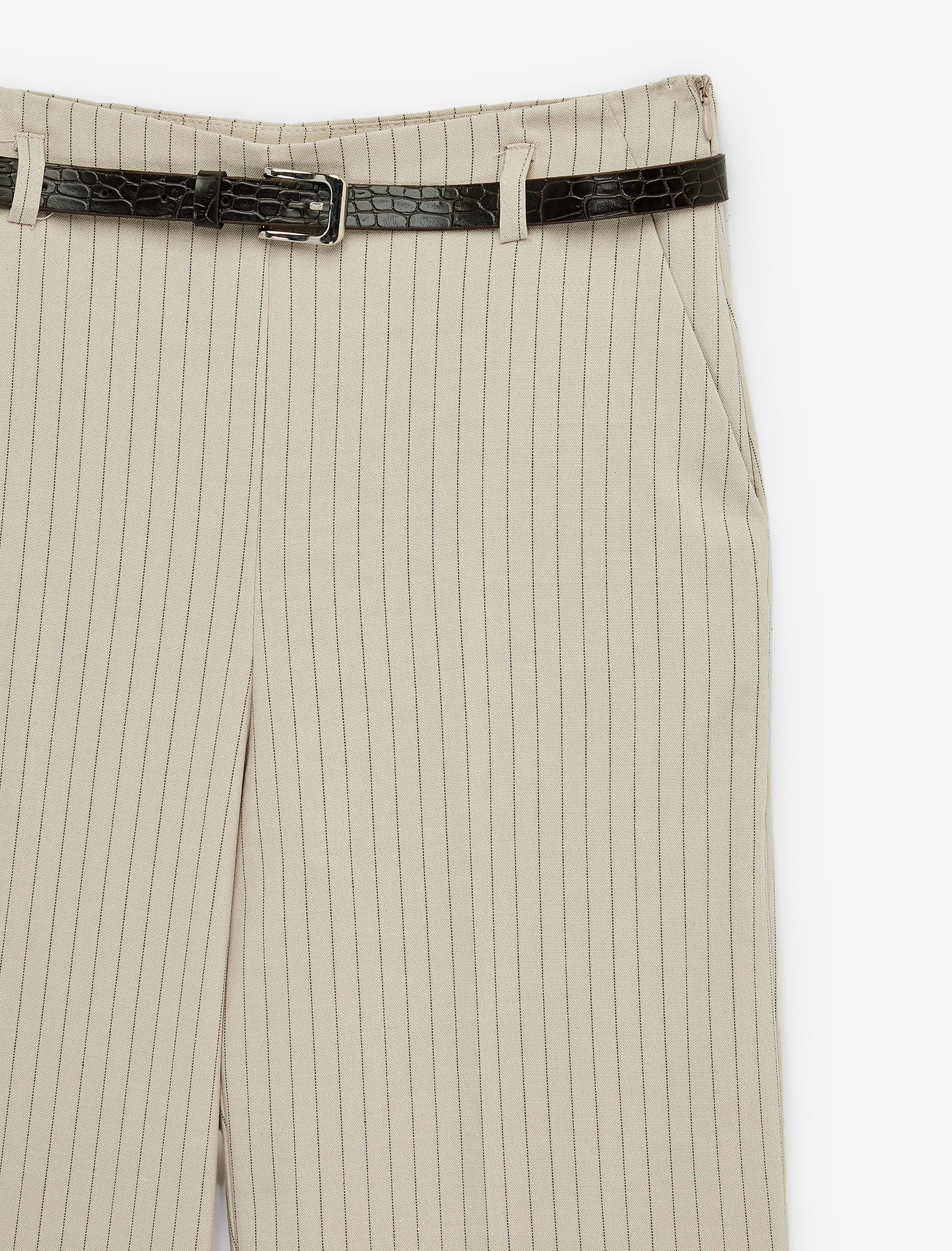   Cepli Kemerli Çizgili Geniş Paça Pantolon