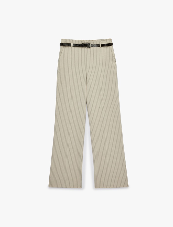  Cepli Kemerli Çizgili Geniş Paça Pantolon