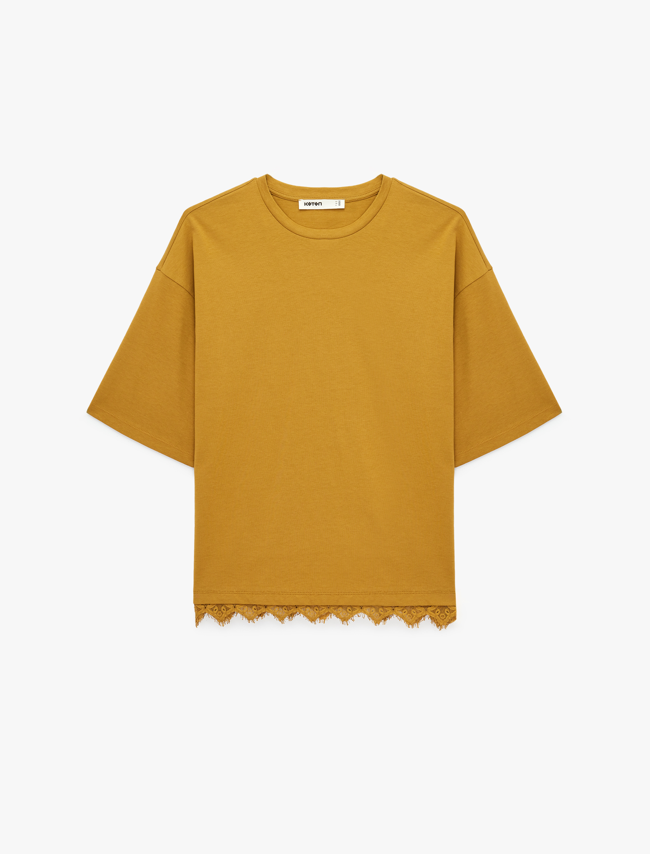   Pamuklu Kısa Kollu Bisiklet Yaka Dantel Detaylı Tişört