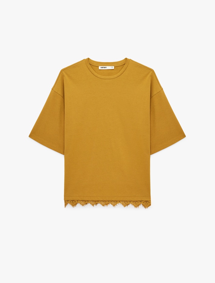  Pamuklu Kısa Kollu Bisiklet Yaka Dantel Detaylı Tişört