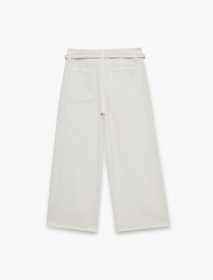  Kemer Detaylı Pamuklu Kısa Geniş Paça Pantolon - Wide Leg Jeans