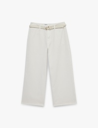 Kemer Detaylı Pamuklu Kısa Geniş Paça Pantolon - Wide Leg Jeans