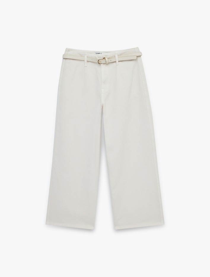  Kemer Detaylı Pamuklu Kısa Geniş Paça Pantolon - Wide Leg Jeans