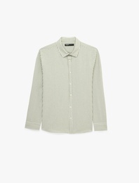 Regular Fit Viskon Karışımlı Düğmeli Gömlek Yaka Çizgili Uzun Kollu Gömlek