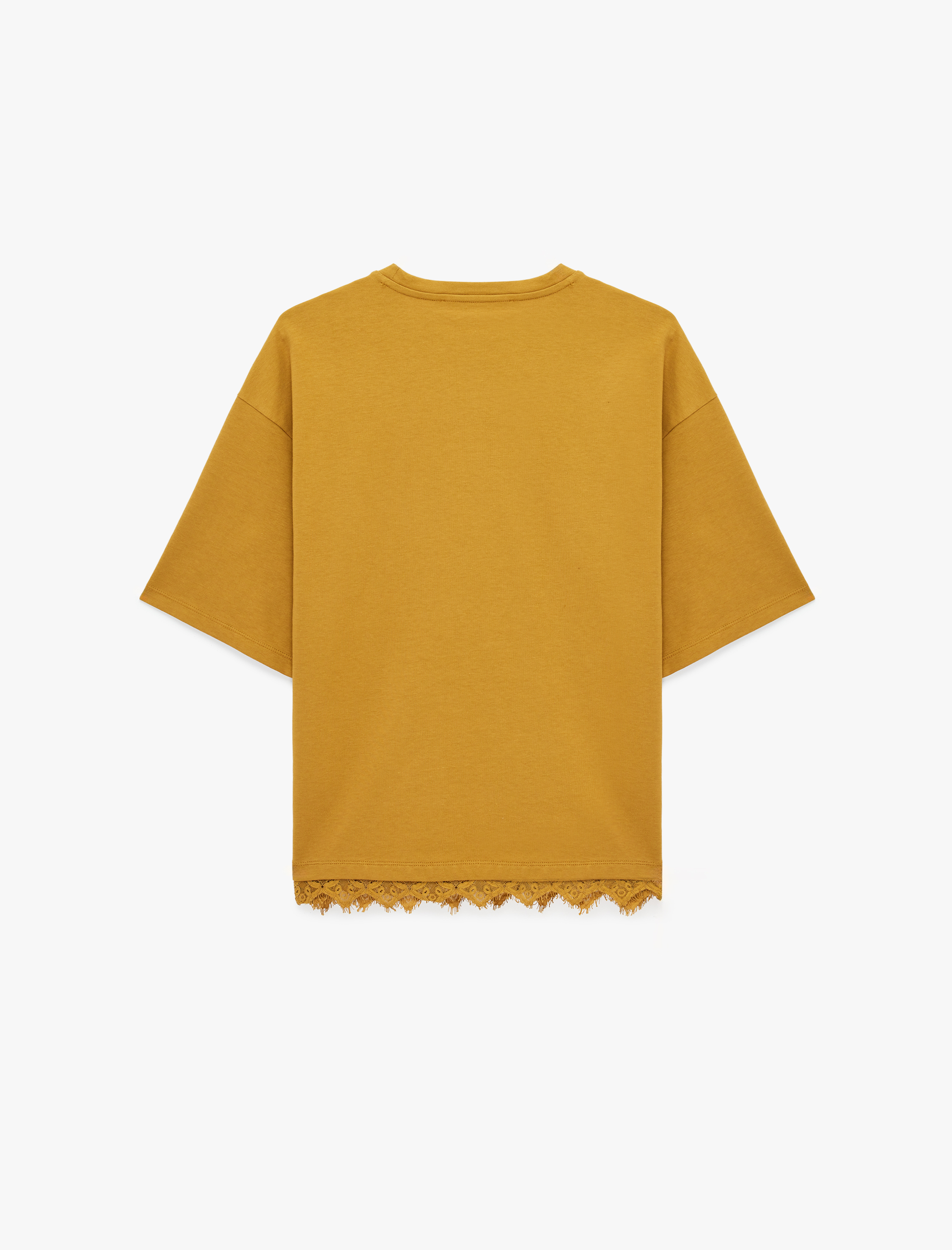   Pamuklu Kısa Kollu Bisiklet Yaka Dantel Detaylı Tişört