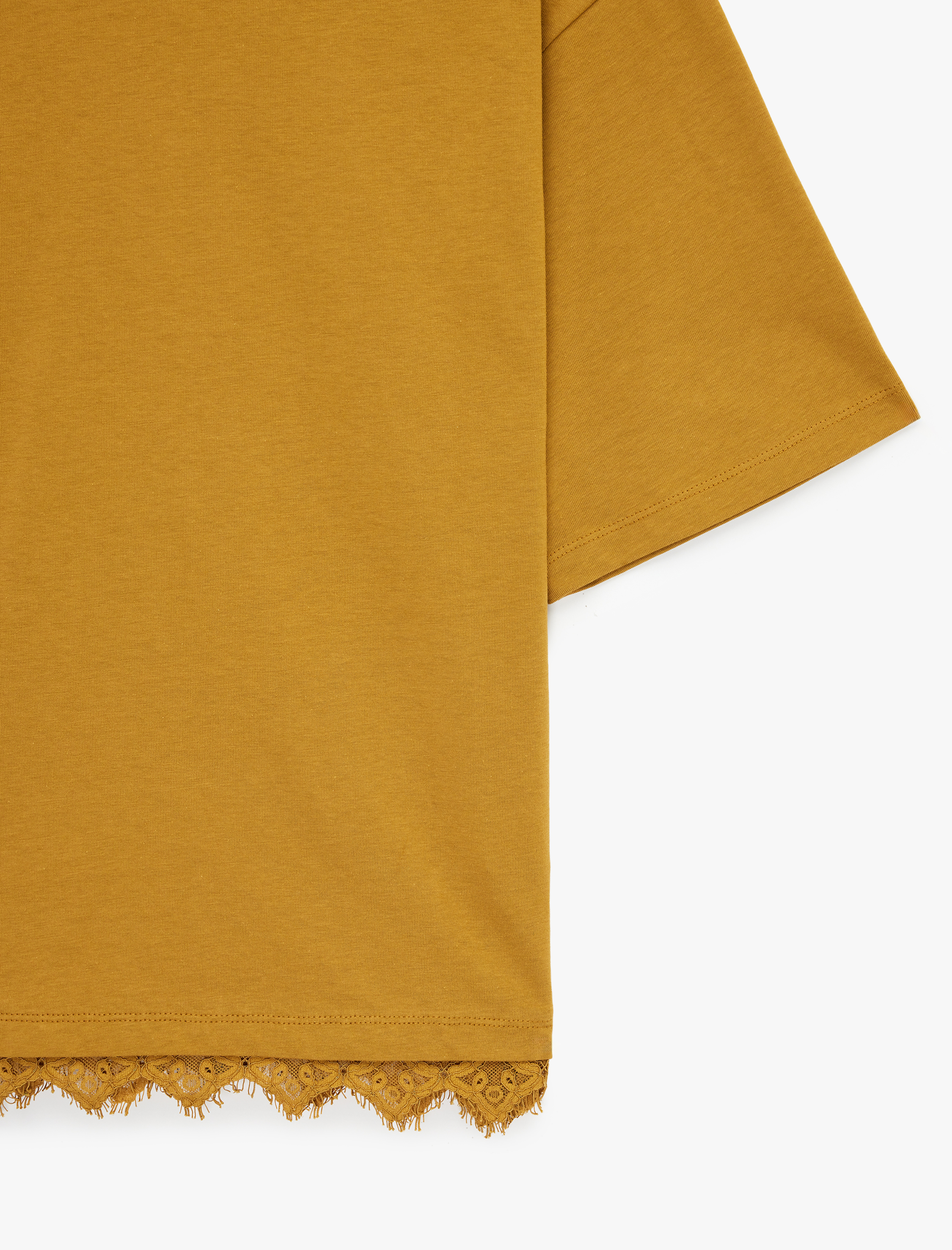   Pamuklu Kısa Kollu Bisiklet Yaka Dantel Detaylı Tişört