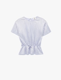 Kısa Kollu Beli Lastikli Bisiklet Yaka Fiyonklu Bluz