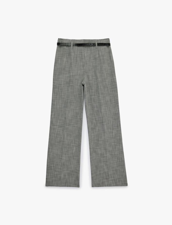  Cepli Kemerli Geniş Paça Kumaş Pantolon