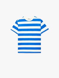 Pamuklu Çizgili Bisiklet Yaka Kısa Kollu Oversize Tişört