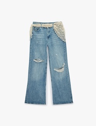 Yıpratılmış Dar Kesim Dantel Kemer Detaylı İspanyol Paça Denim Pantolon - Flare Jeans