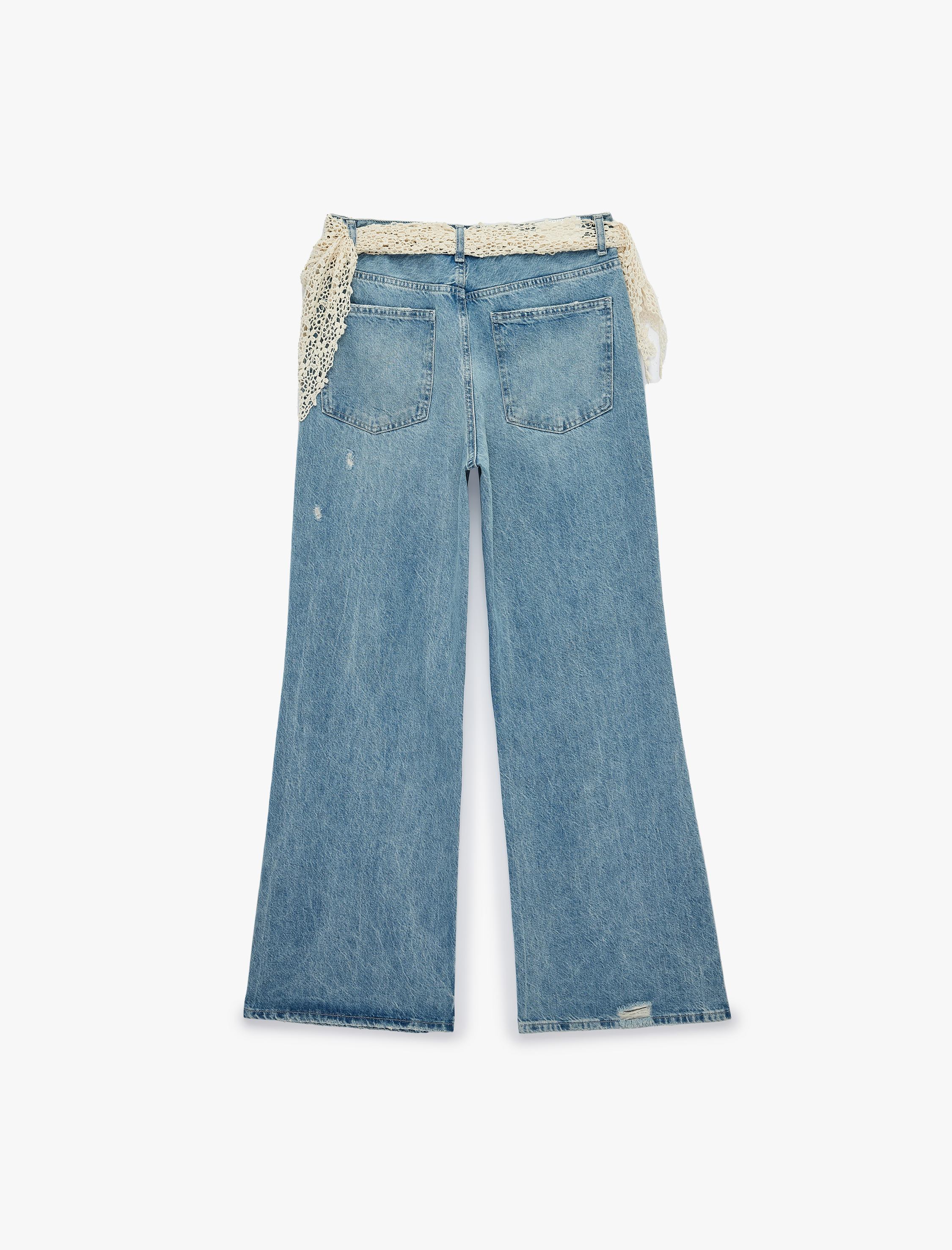   Yıpratılmış Dar Kesim Dantel Kemer Detaylı İspanyol Paça Denim Pantolon - Flare Jeans