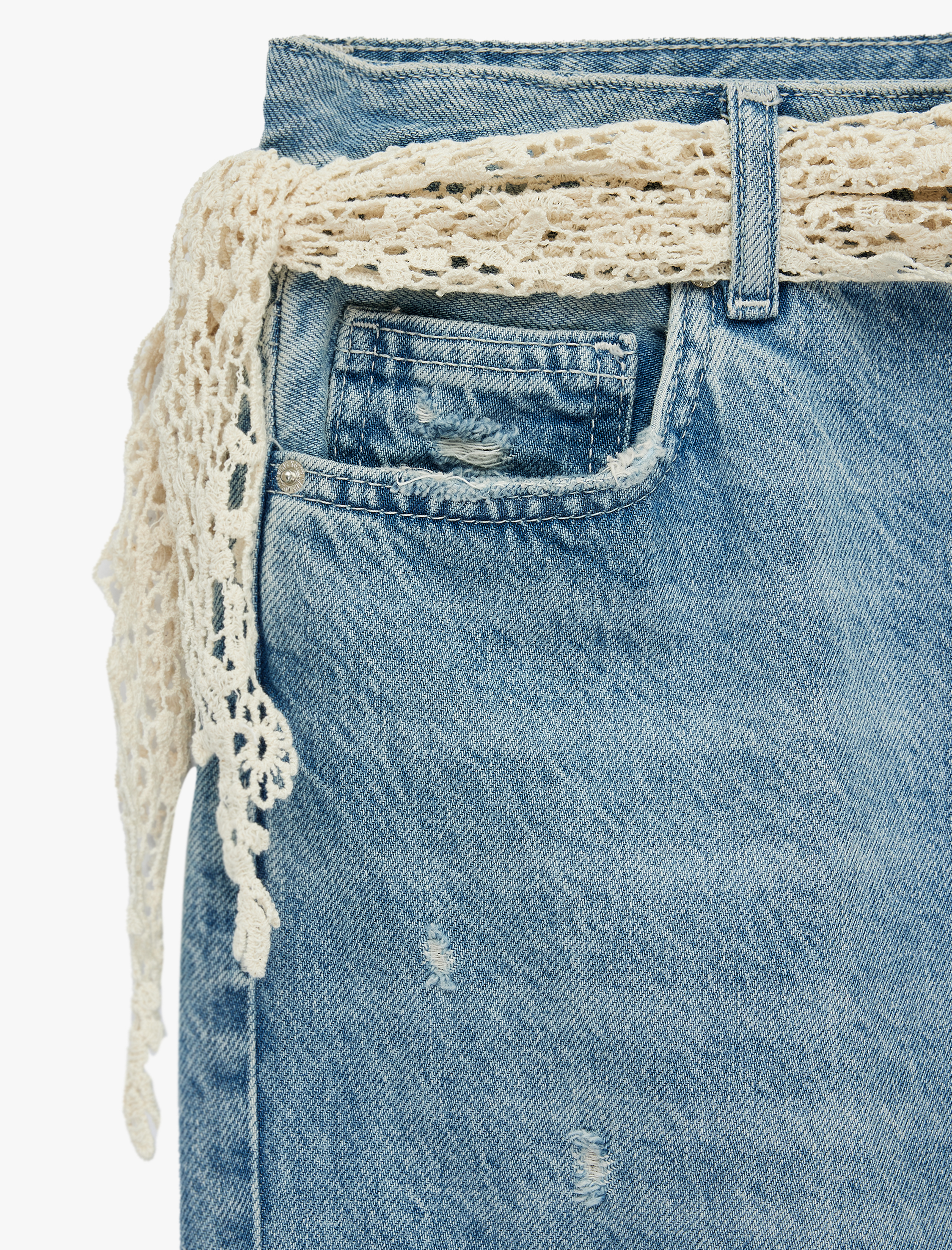   Yıpratılmış Dar Kesim Dantel Kemer Detaylı İspanyol Paça Denim Pantolon - Flare Jeans