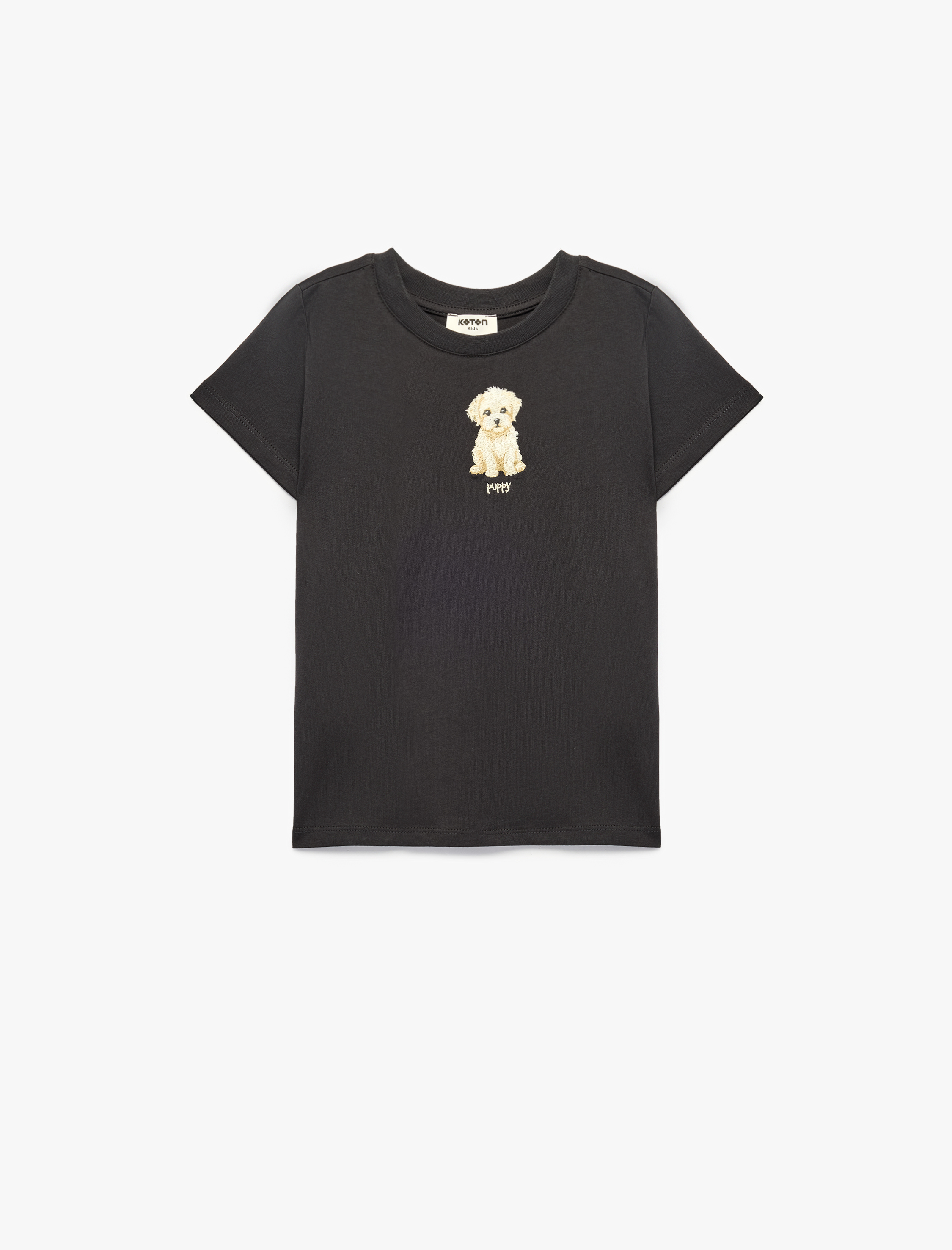  Kız Çocuk Kısa Kollu Bisiklet Yaka Köpek Nakış Detaylı Pamuklu Tişört