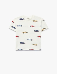 Pamuklu Araba Desenli Kısa Kollu Biisklet Yaka Tişört