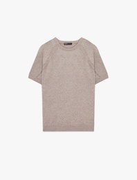 Regular Fit Viskon Karışımlı Örgü Detaylı Bisiklet Yaka Kısa Kollu Triko Tişört