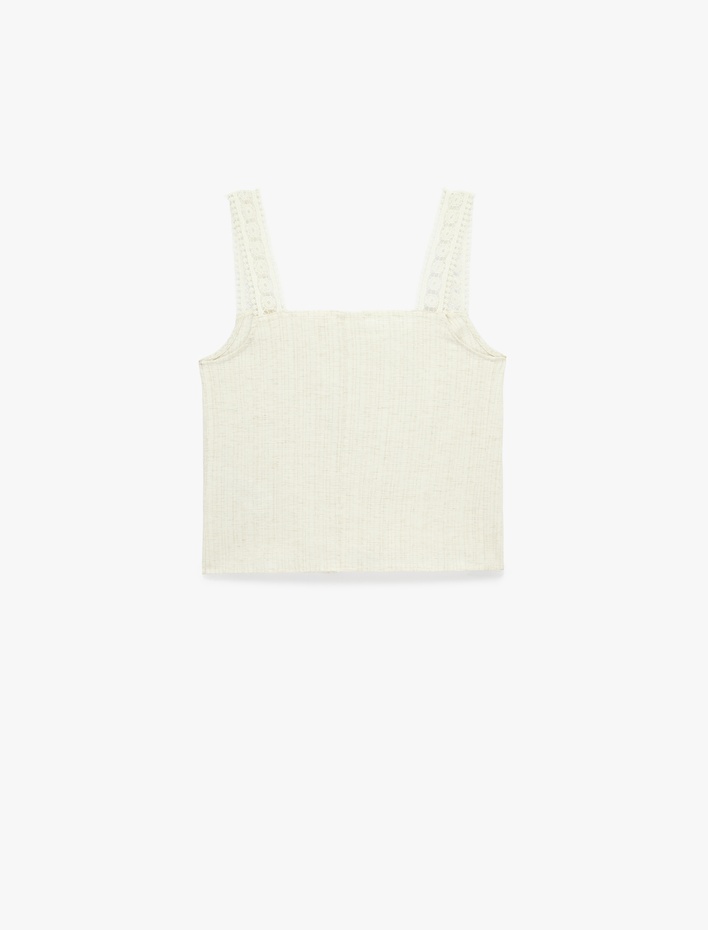  Keten Karışımlı Bağlama Yakalı Dantel Detaylı Askılı Bluz