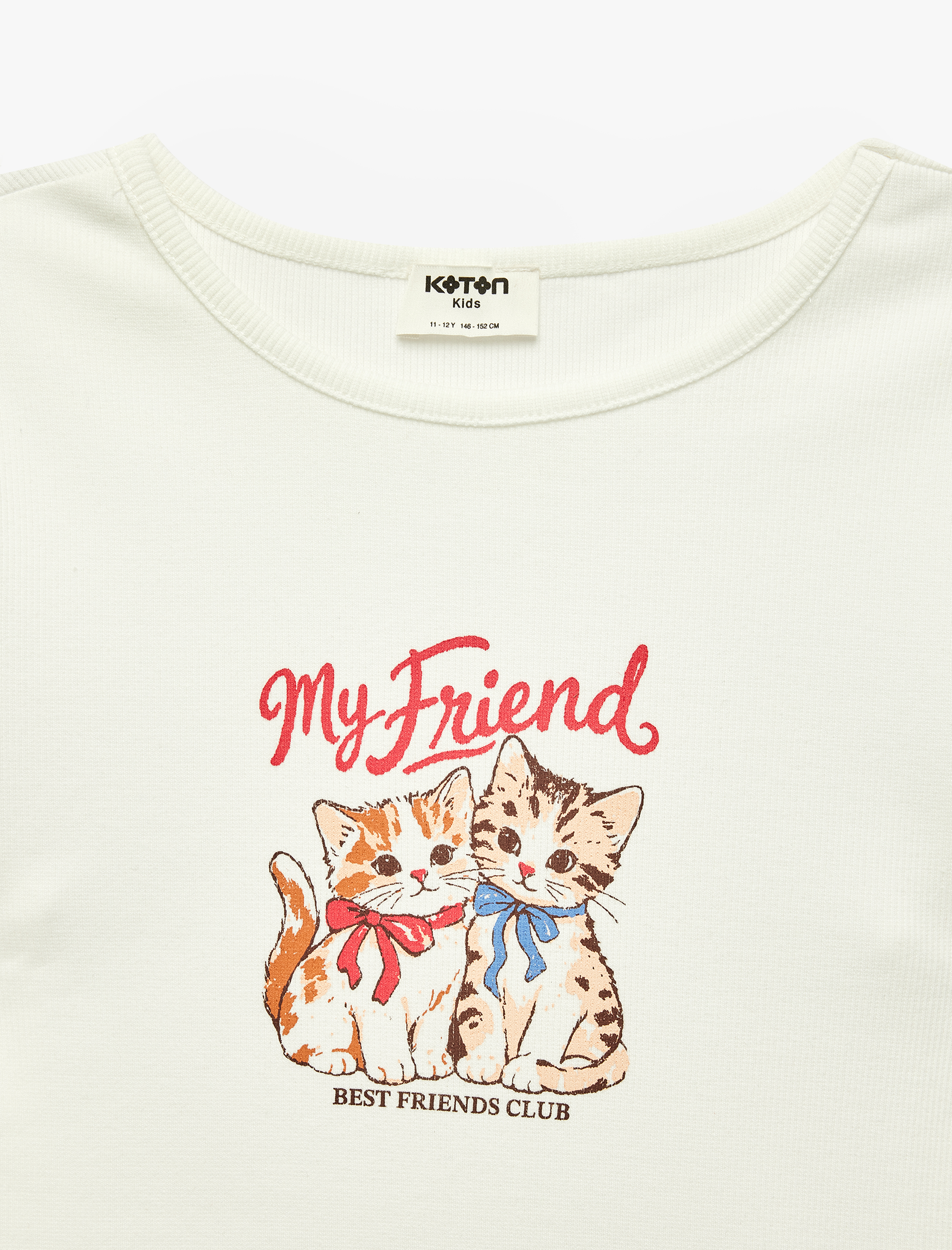  Kız Çocuk Bisiklet Yaka Kısa Kollu Pamuklu Kedi Baskılı Tişört