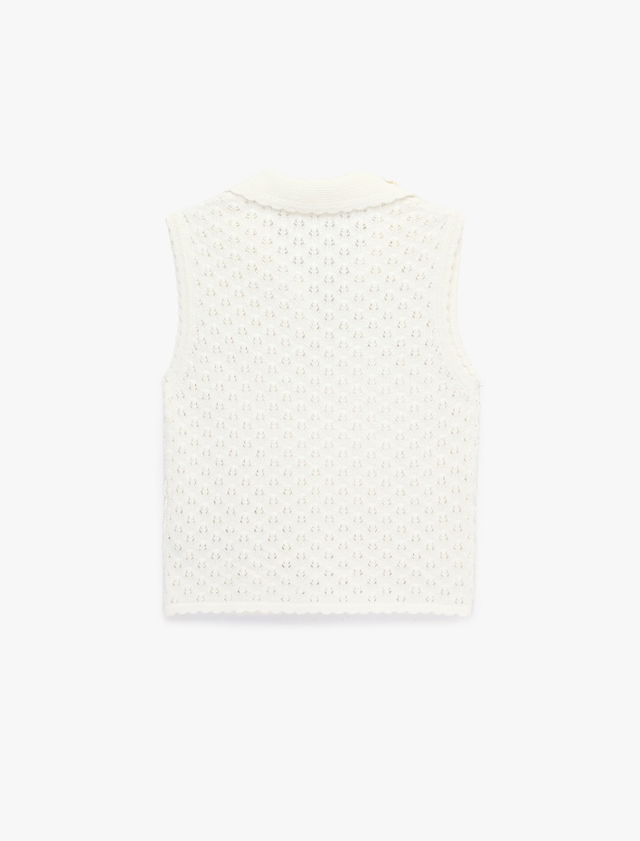  Boncuk İşlemeli Polo Yaka Pointelle Örgü Kolsuz Bluz