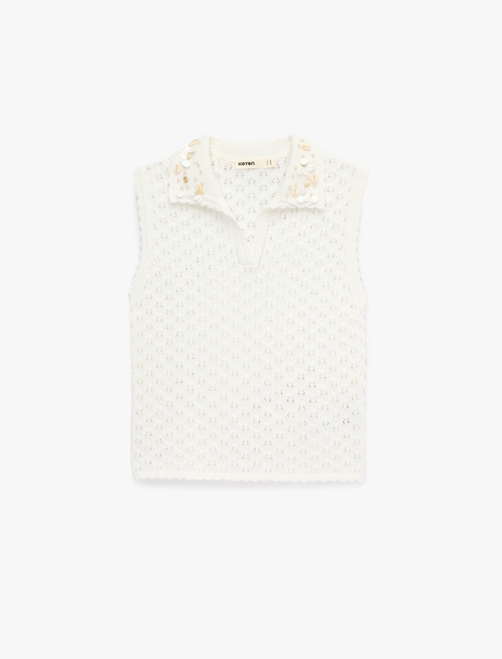  Boncuk İşlemeli Polo Yaka Pointelle Örgü Kolsuz Bluz