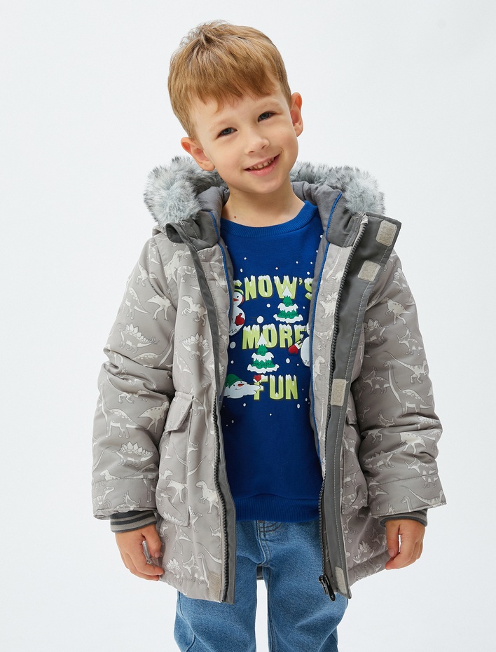 Erkek Bebek Şişme Mont Kapşonlu Suni Kürk Detaylı Fermuarlı Cepli