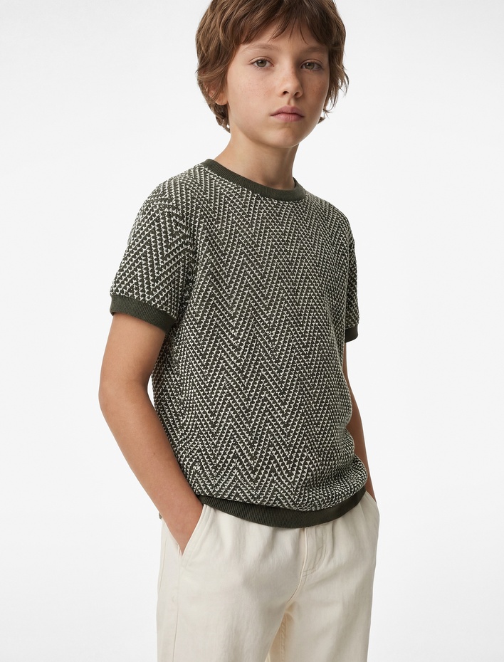 Erkek Çocuk Bisiklet Yaka Balıksırtı Desenli Kısa Kollu Oversize Sweatshirt