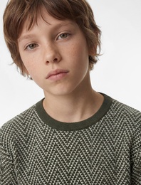 Bisiklet Yaka Balıksırtı Desenli Kısa Kollu Oversize Sweatshirt