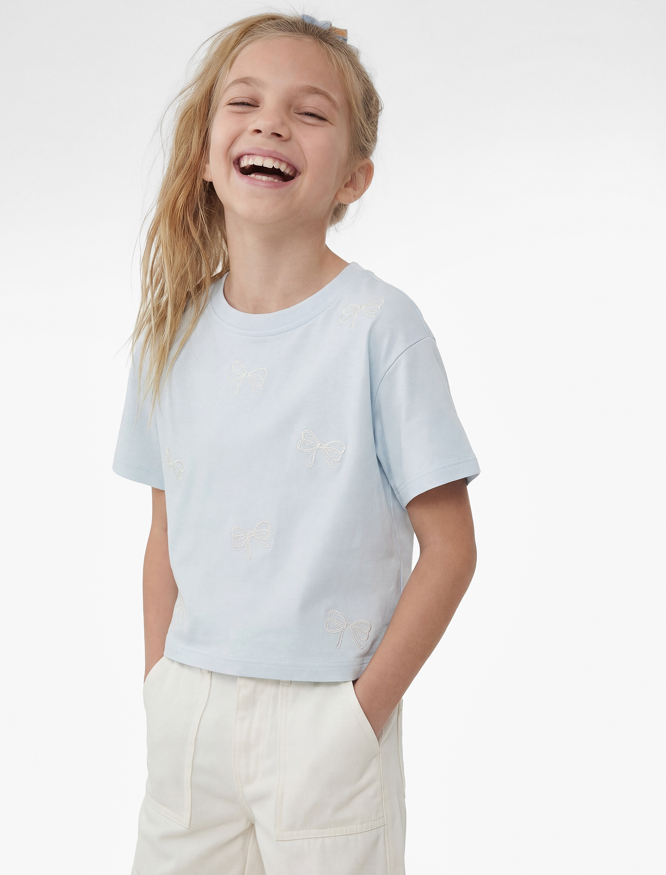  Kız Çocuk Kurdele Detaylı Pamuklu Kısa Kollu Bisiklet Yaka Tişört