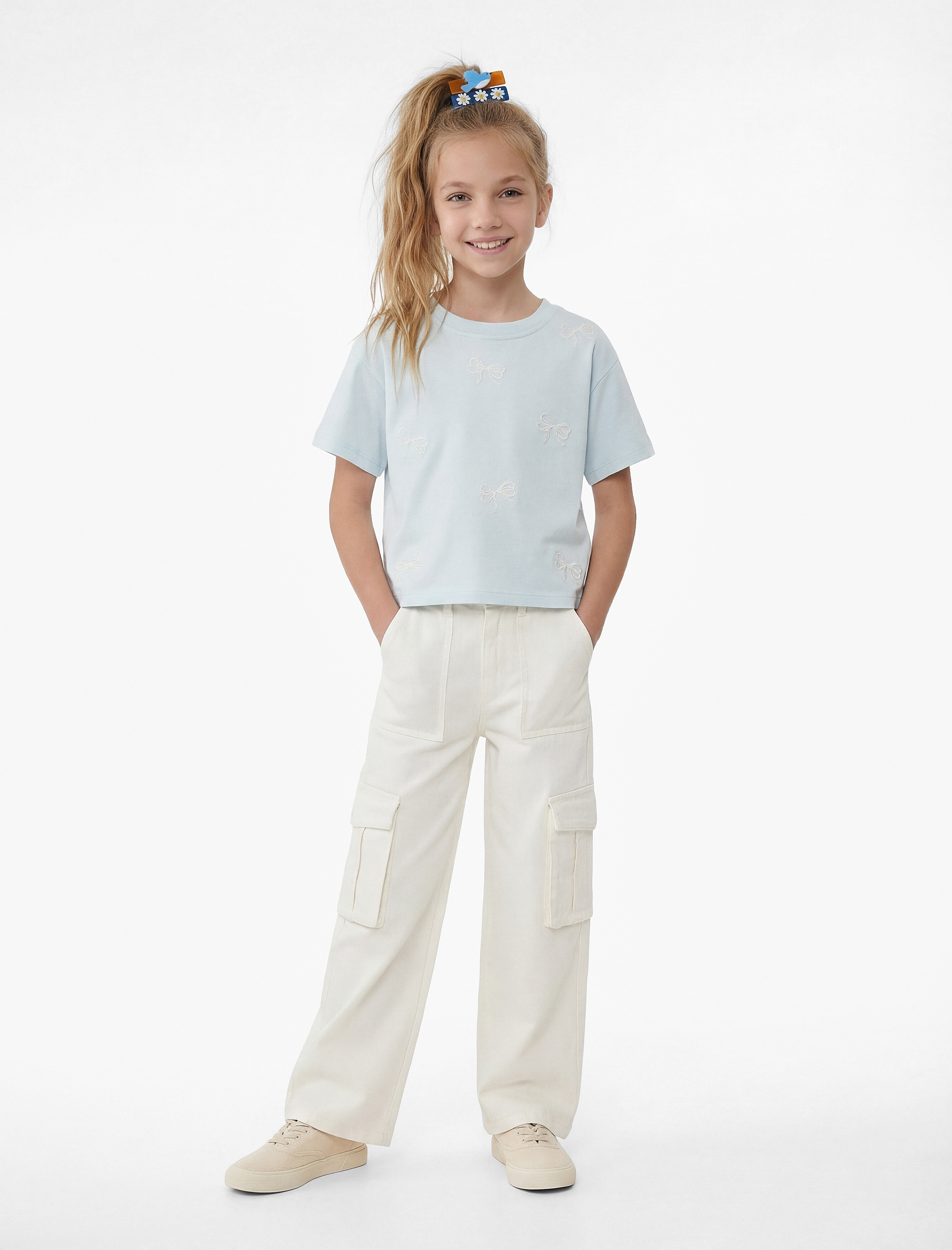  Kız Çocuk Kurdele Detaylı Pamuklu Kısa Kollu Bisiklet Yaka Tişört