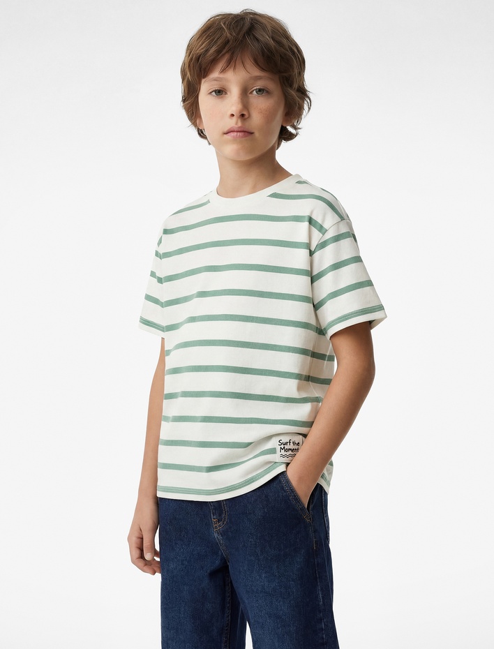 Erkek Çocuk Kısa Kollu Bisiklet Yaka Pamuklu Çizgili Tişört