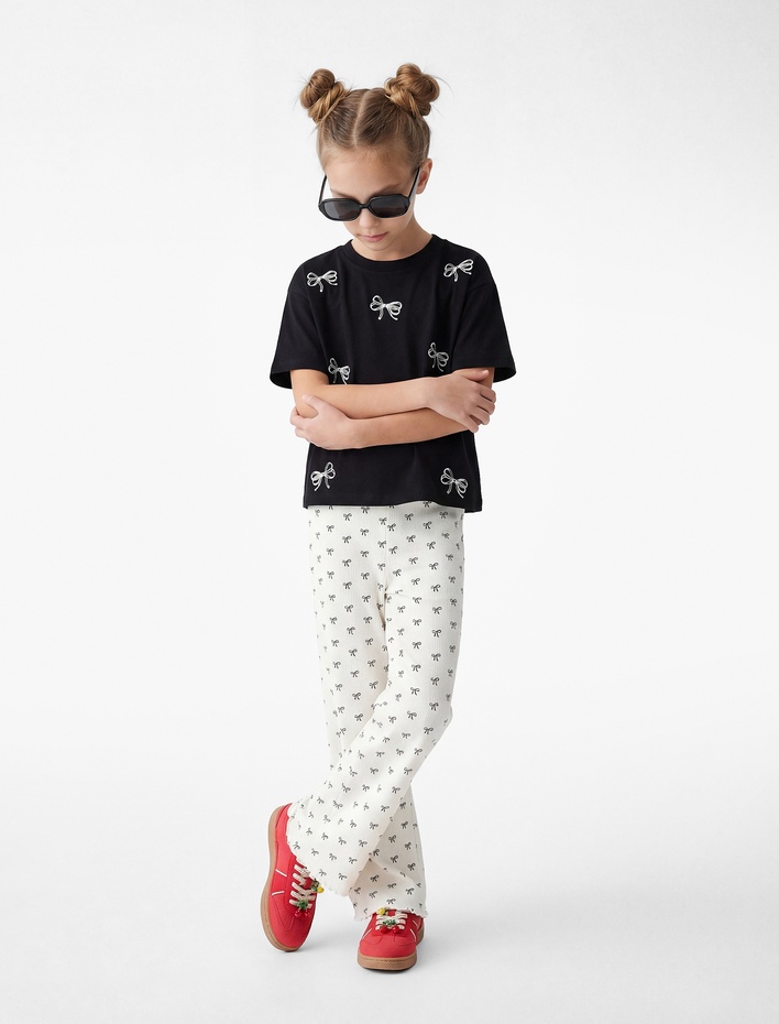 Kız Çocuk Kurdele Detaylı Pamuklu Kısa Kollu Bisiklet Yaka Tişört