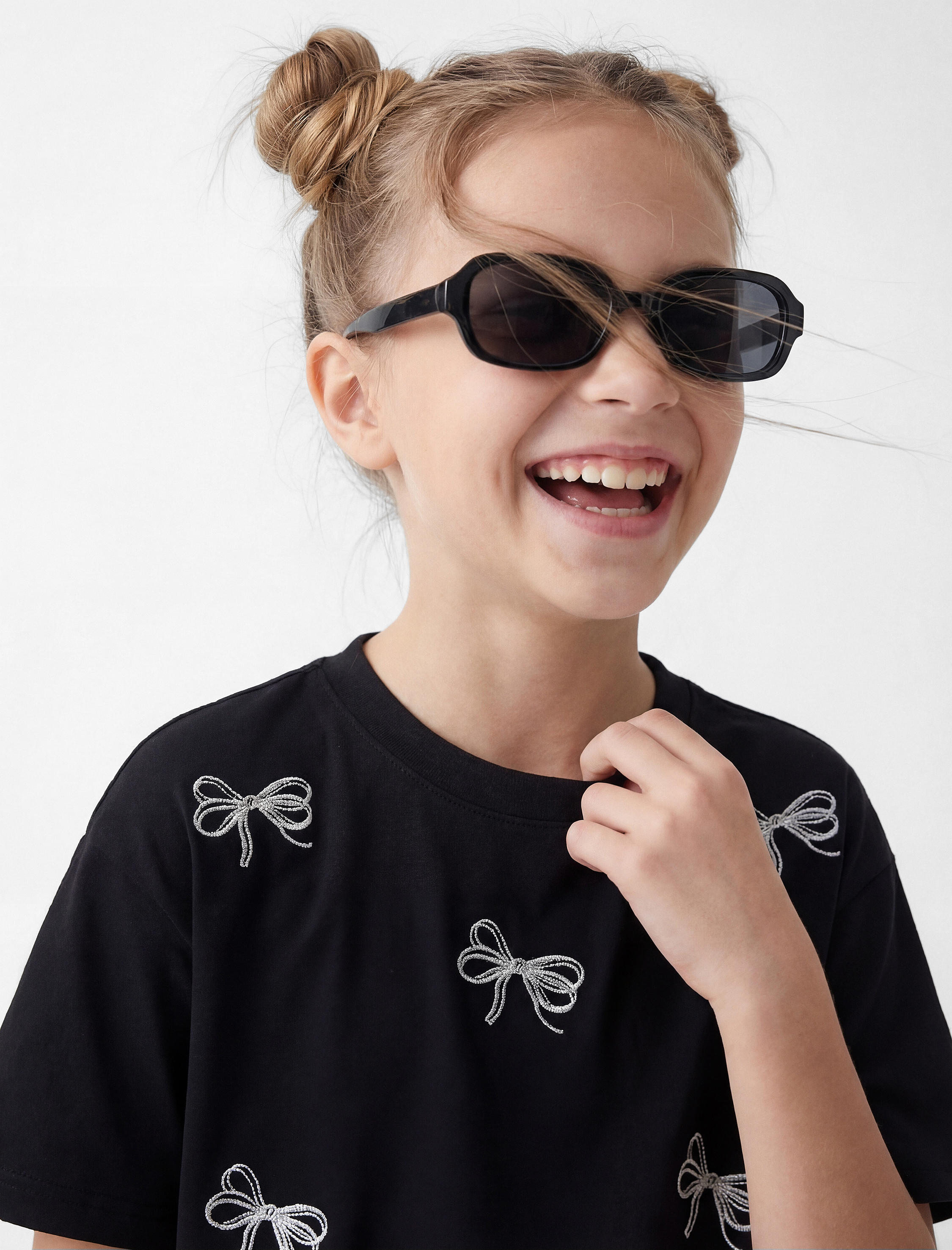  Kız Çocuk Kurdele Detaylı Pamuklu Kısa Kollu Bisiklet Yaka Tişört