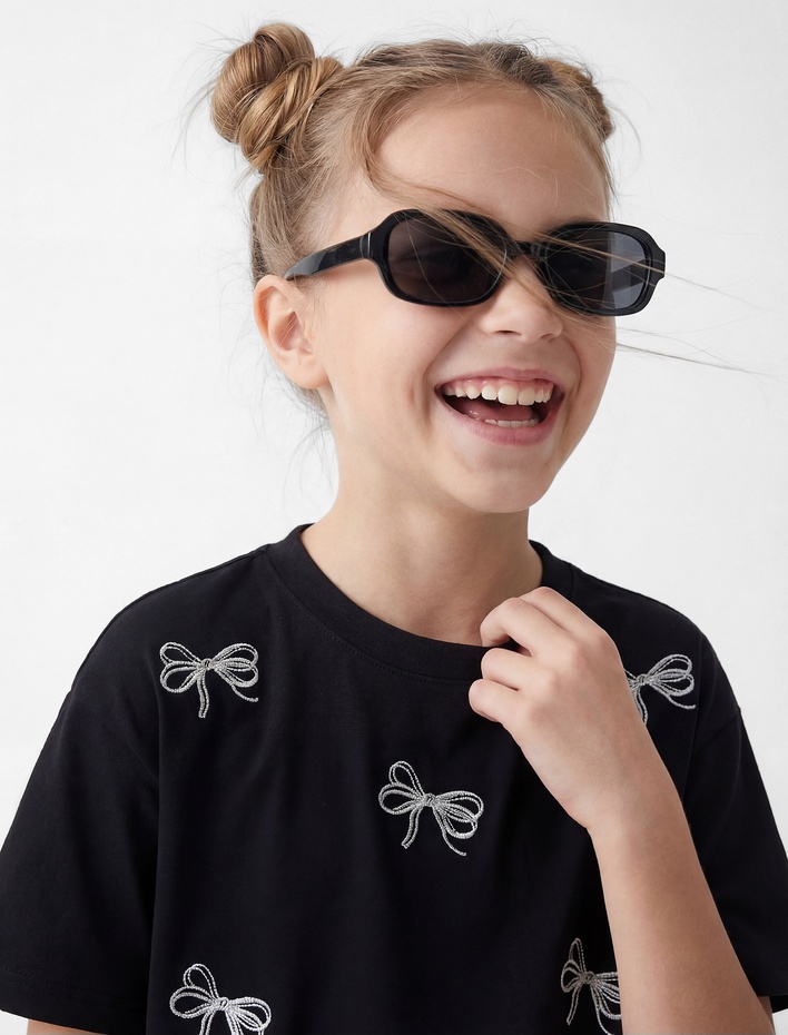 Kız Çocuk Kurdele Detaylı Pamuklu Kısa Kollu Bisiklet Yaka Tişört