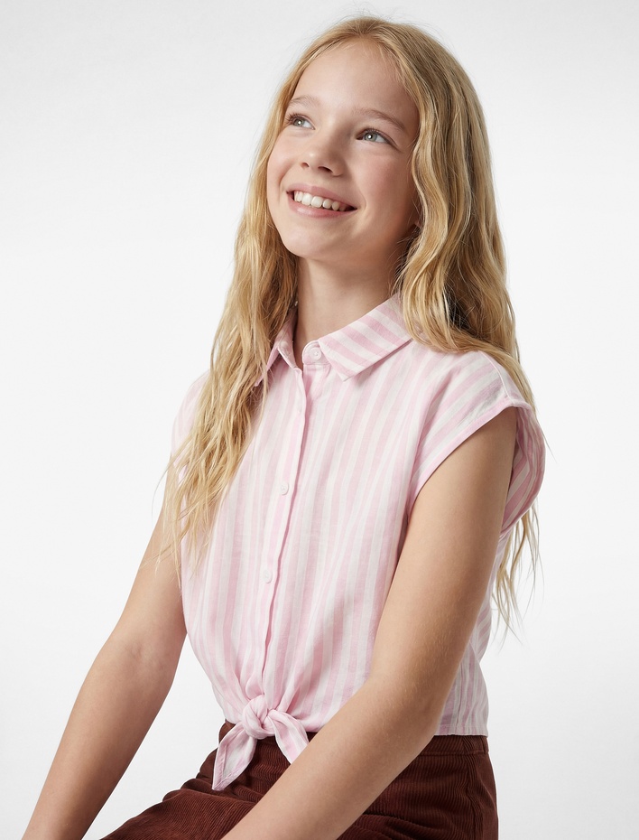 Kız Çocuk Bağlama Detaylı Kısa Kollu Viskon Karışımlı Çizgili Crop Gömlek