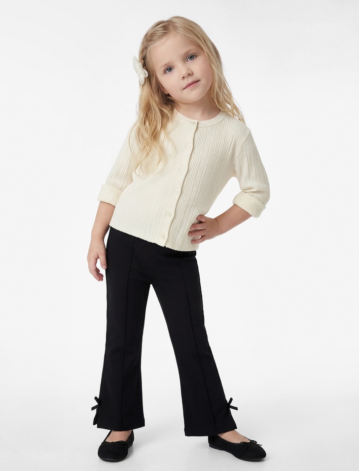 Kız Bebek Viskon Karışımlı Beli Lastikli Fiyonk Detaylı İspanyol Paça Tayt