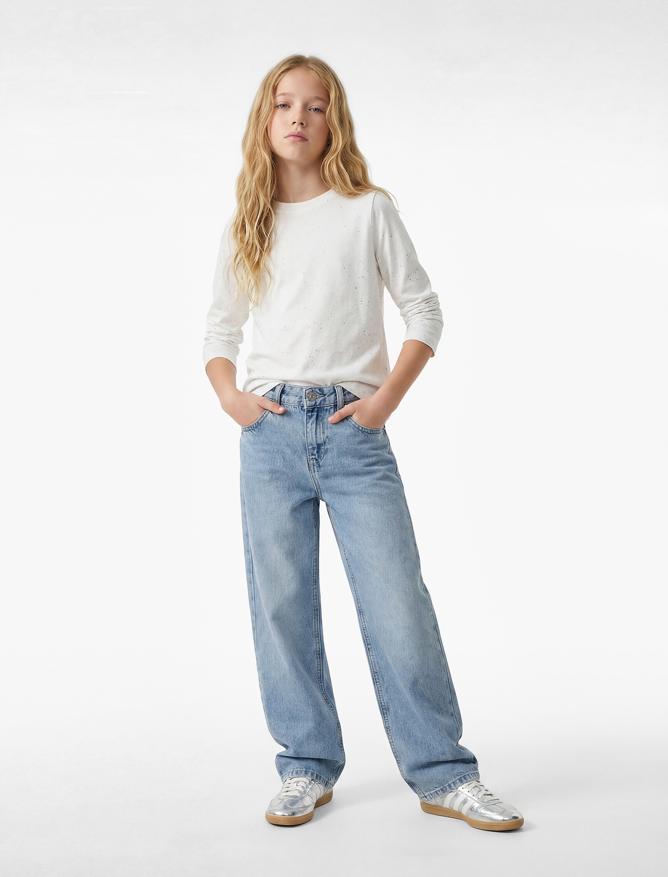  Kız Çocuk Pamuklu Sim Detaylı Uzun Kollu Bisiklet Yaka Tişört