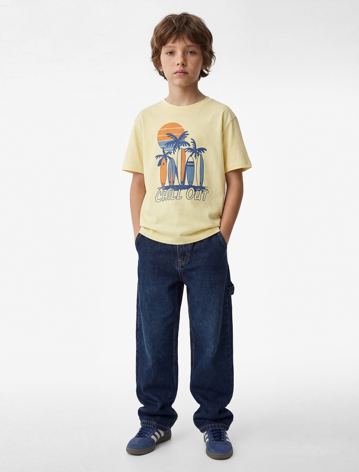 Erkek Çocuk Pamuklu Bisiklet Yaka Baskılı Kısa Kollu Tişört