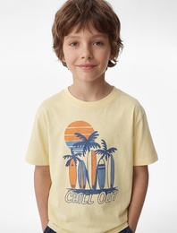 Pamuklu Bisiklet Yaka Baskılı Kısa Kollu Tişört