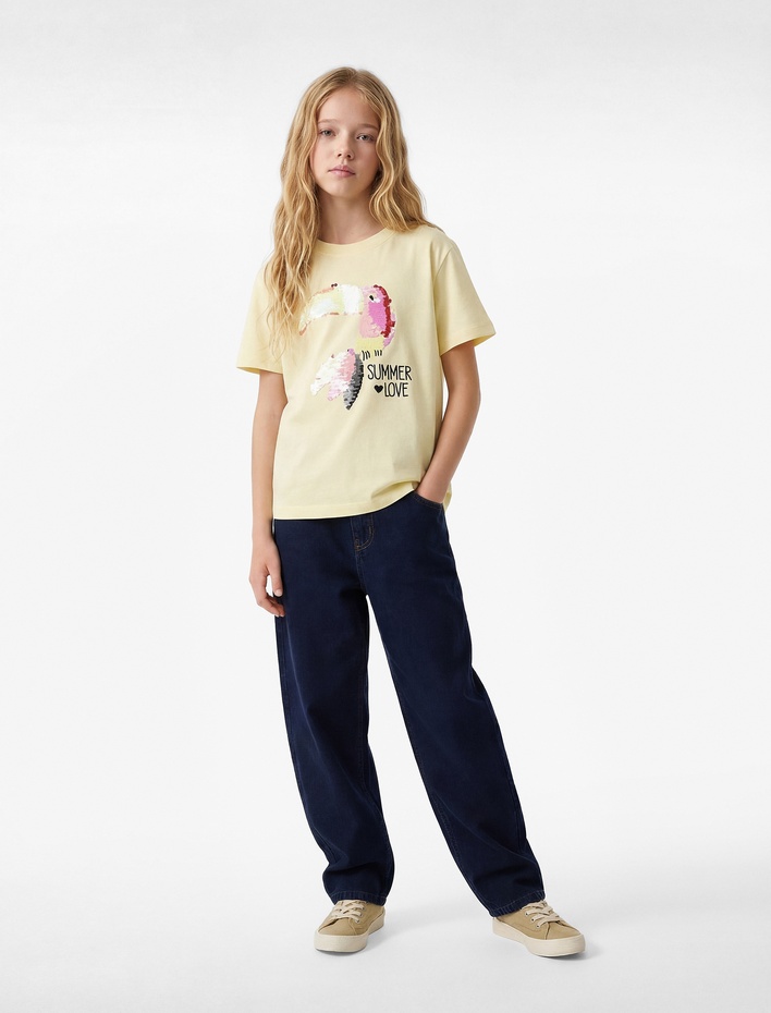 Kız Çocuk Pullu Payetli Kısa Kollu Bisiklet Yaka Pamuklu Tişört