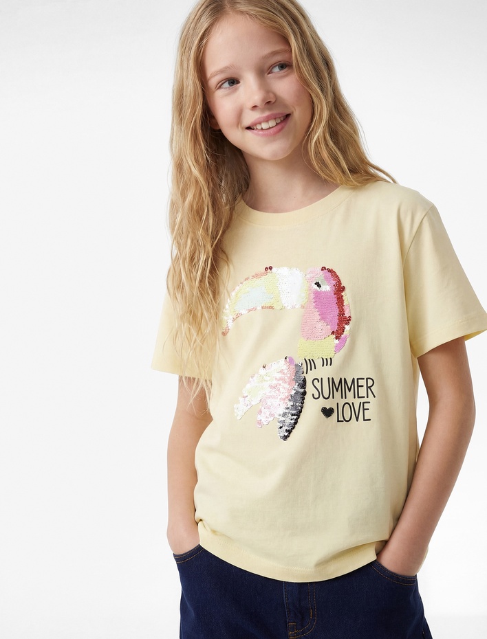 Kız Çocuk Pullu Payetli Kısa Kollu Bisiklet Yaka Pamuklu Tişört