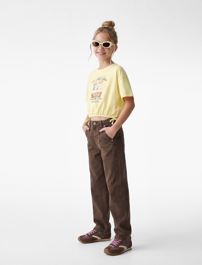 Kız Çocuk Kısa Kollu Bisiklet Yaka Pamuklu Kedi Baskılı Crop Tişört