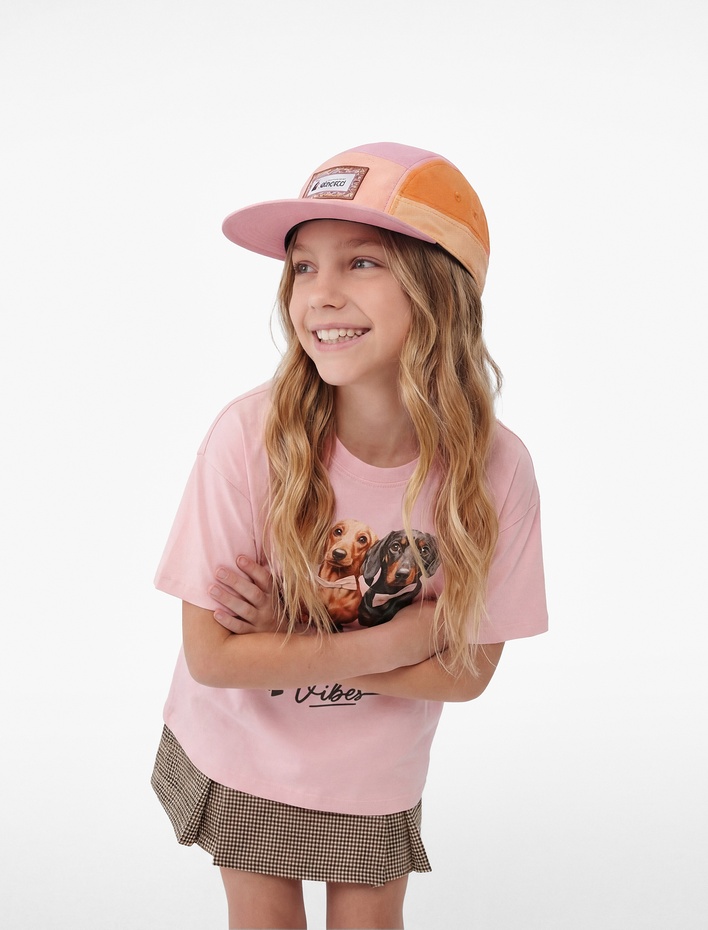 Kız Çocuk Köpek Baskılı Fiyonk Detaylı Bisiklet Yaka Kısa Kollu Pamuklu Tişört