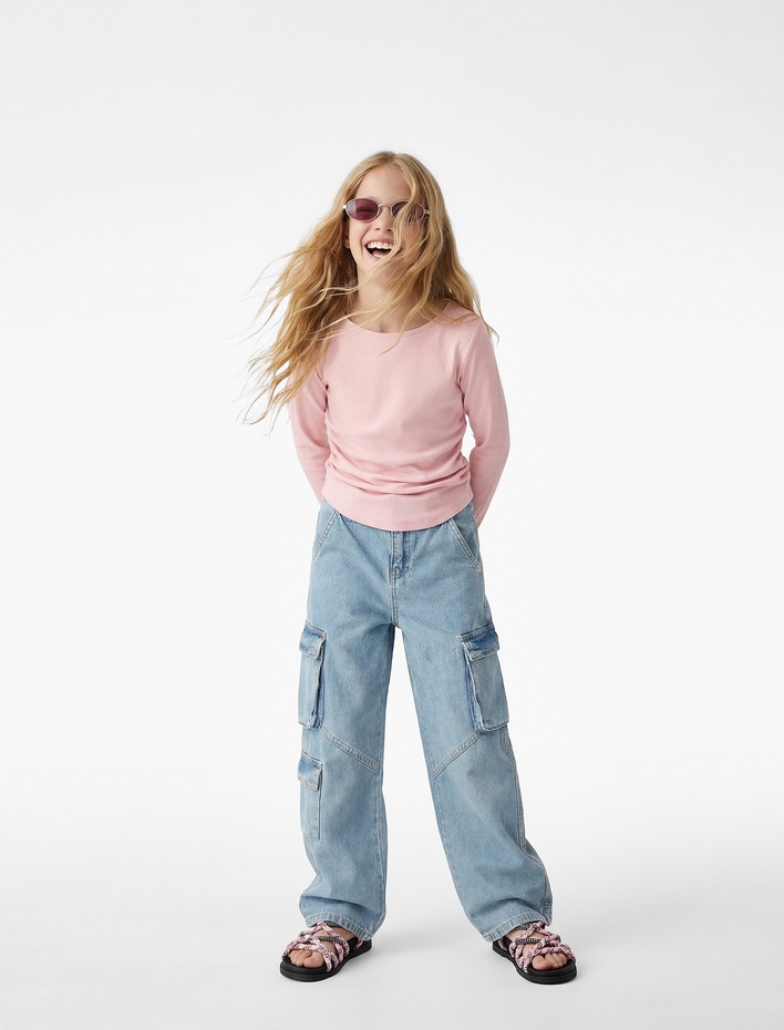 Kız Çocuk Pamuklu Kayık Yaka Büzgülü Uzun Kollu Tişört