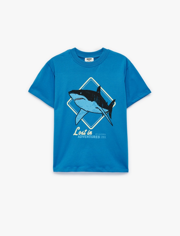 Erkek Çocuk Köpek Balığı Baskılı Kısa Kollu Bisiklet Yaka Pamuklu Tişört