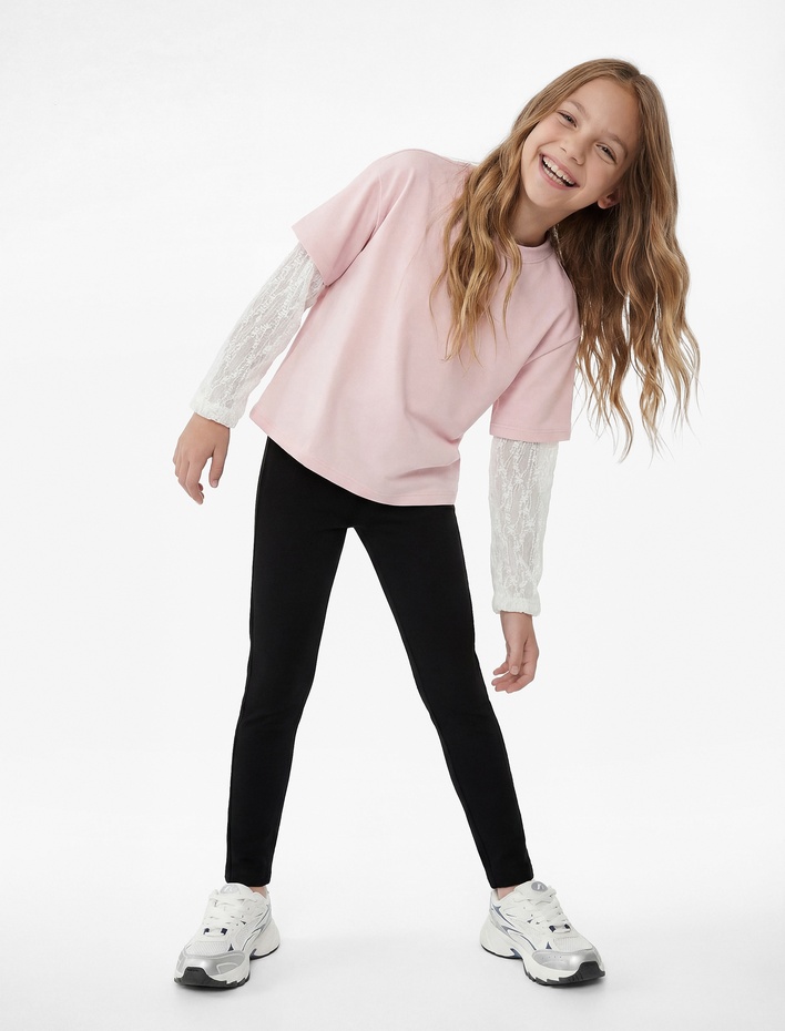 Kız Çocuk Beli Lastikli Viskon Karışımlı Basic Tayt