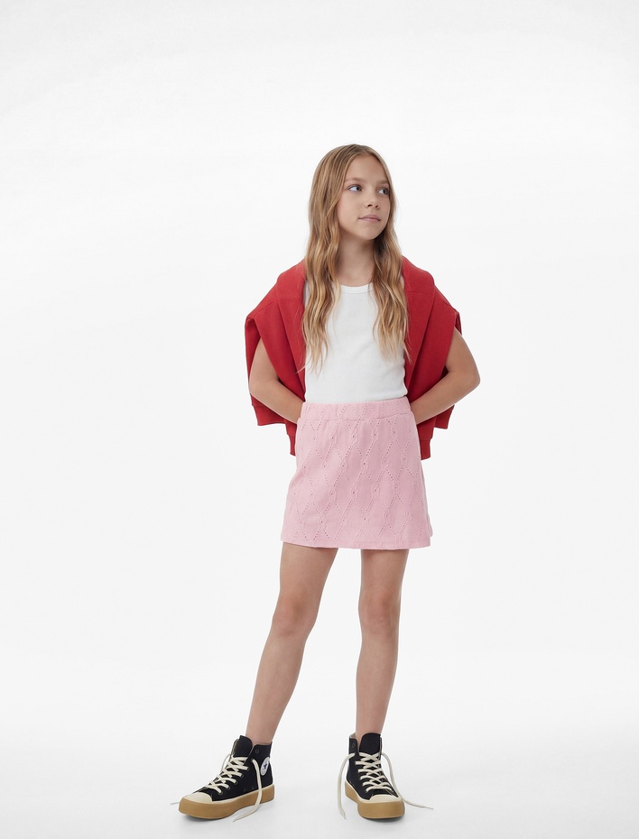 Kız Çocuk Kruvaze Fistolu Brodeli Mini Şort Etek