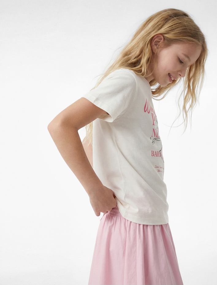 Kız Çocuk Baskılı Kısa Kollu Bisiklet Yaka Pamuklu Tişört
