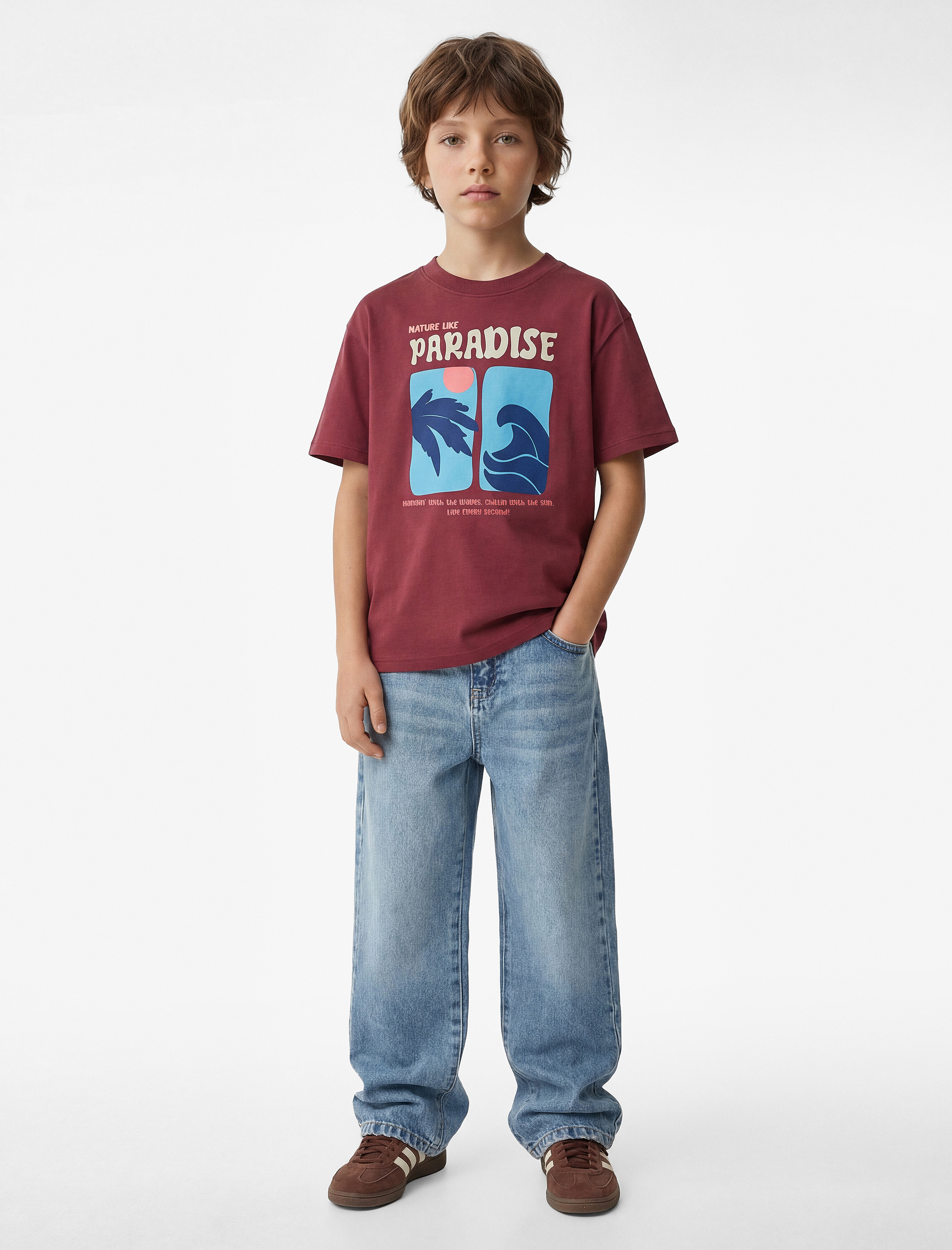  Erkek Çocuk Pamuklu Kısa Kollu Bisiklet Yaka Baskılı Tişört