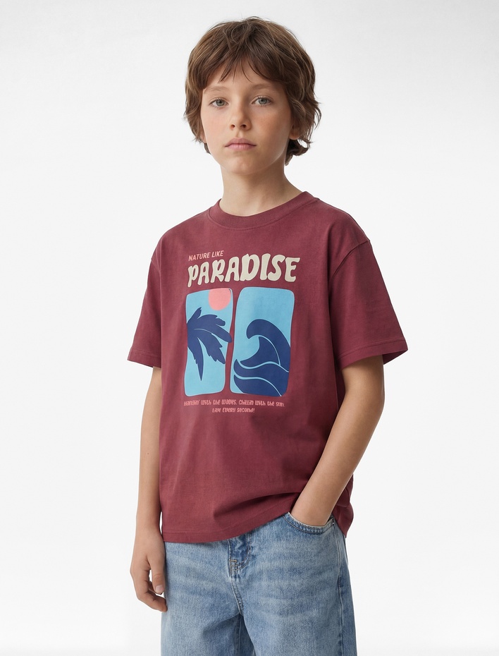 Erkek Çocuk Pamuklu Kısa Kollu Bisiklet Yaka Baskılı Tişört