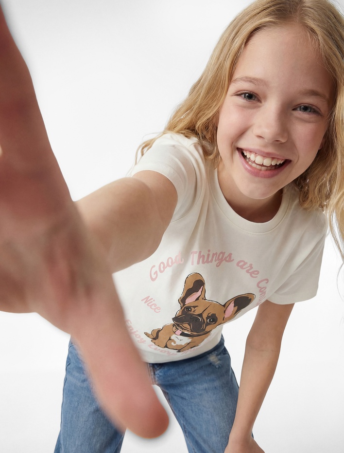 Kız Çocuk Köpek Baskılı Kısa Kollu Bisiklet Yaka Pamuklu Tişört