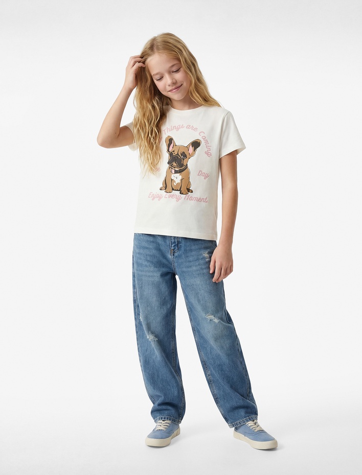 Kız Çocuk Köpek Baskılı Kısa Kollu Bisiklet Yaka Pamuklu Tişört